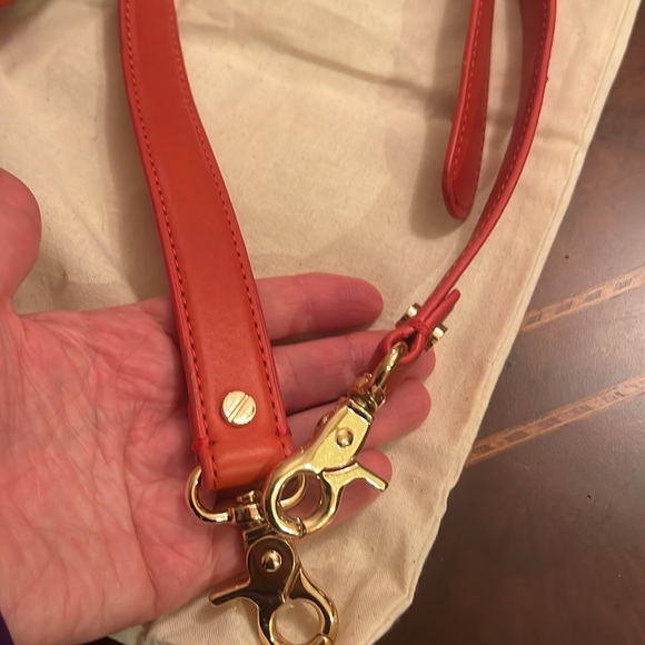 Tory Burch Leather Canvas Bucket HandBag Drawstring Tote Orange Beige Gold - Picture 11 of 13